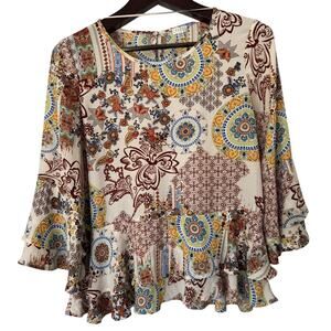 Spence Floral‎ Boho Bell Sleeve Blouse Size Large